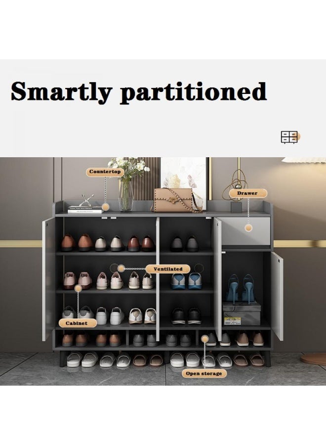 إيونتو خزانة أحذية عصرية بأربعة أبواب تفتح بالضغط، ودرج واحد، وثلاثة أرفف مفتوحة - أرجل معدنية مرتفعة، وسطح عمل بحافة مستديرة للتخزين في المدخل والممر وغرفة المعيشة - Image 2