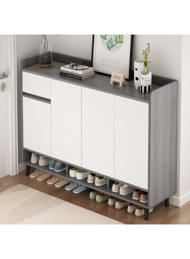 إيونتو خزانة أحذية عصرية بأربعة أبواب تفتح بالضغط، ودرج واحد، وثلاثة أرفف مفتوحة - أرجل معدنية مرتفعة، وسطح عمل بحافة مستديرة للتخزين في المدخل والممر وغرفة المعيشة - Image 1