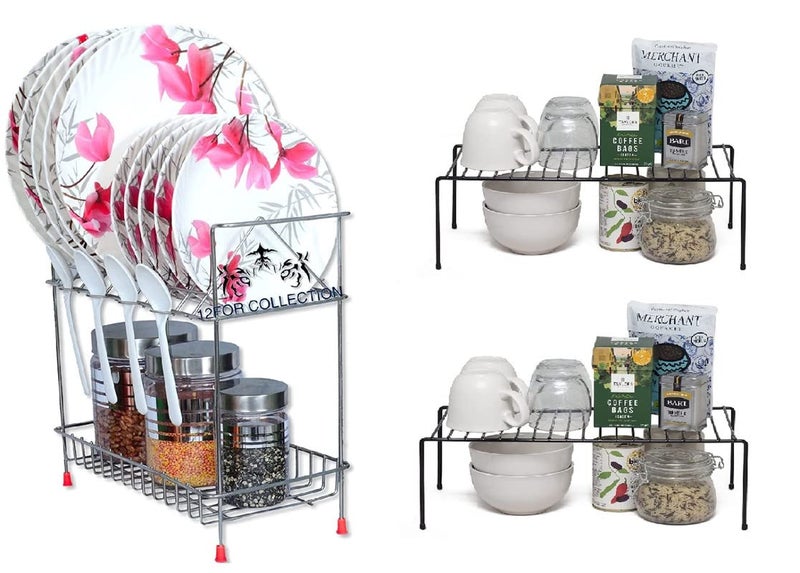 12FOR COLLECTION COMBO Steel 2 Layer Kitchen Dish Drainer Organizer Storage Rack Plate 2pcs Black Stainless Steel Multipurpose Dish RackStorage Shelves for Kitchen PLATE SPICE RACK 2 BLACK SHELF - Image 1
