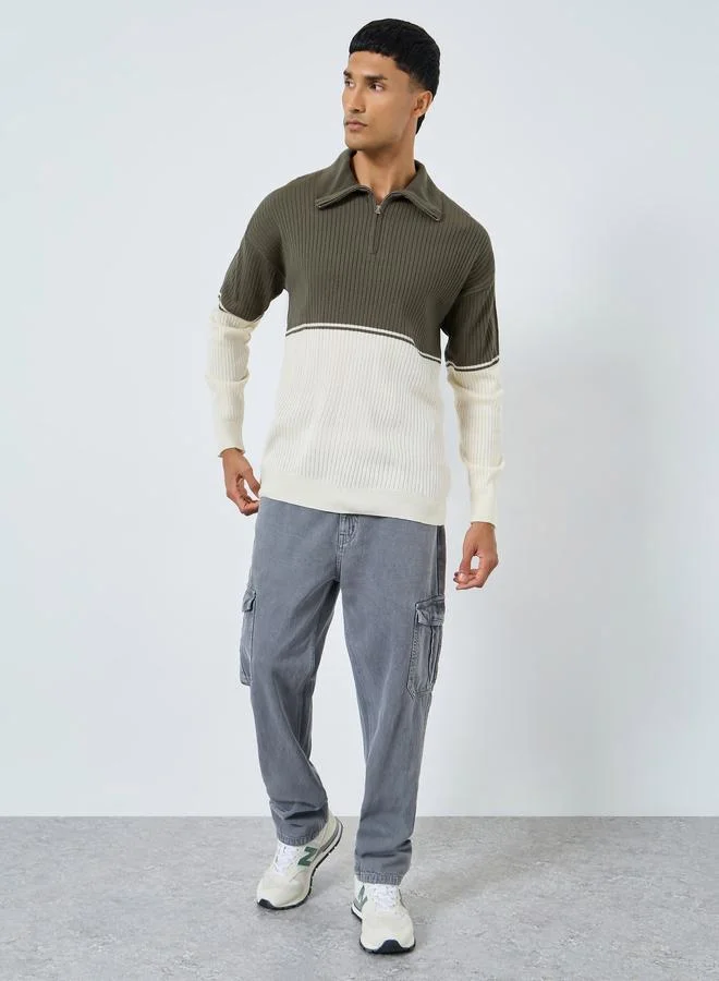 Styli Olive Ribbed Knit Zip-Up Sweater
