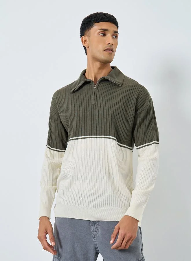 Styli Olive Ribbed Knit Zip-Up Sweater