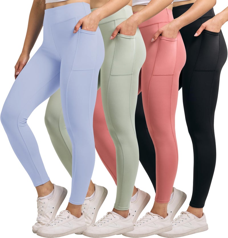 REALESSENTIALS Real Essentials 4-Pack: Women's Full Length Fitted Athletic Yoga Performance Leggings with Pockets (Available in Plus Size) - Set 4, XL - Image 1