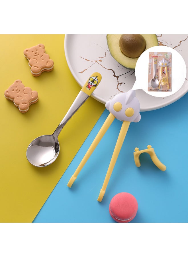 Genuine Ultraman Children's Chopsticks Silicone Tiger Mouth Training Learning Chopsticks Cartoon Practice Chopsticks Stainless Steel Tableware-Specifications:Children's Tableware-Color:Yellow Practice Chopsticks + Spoon - Image 1