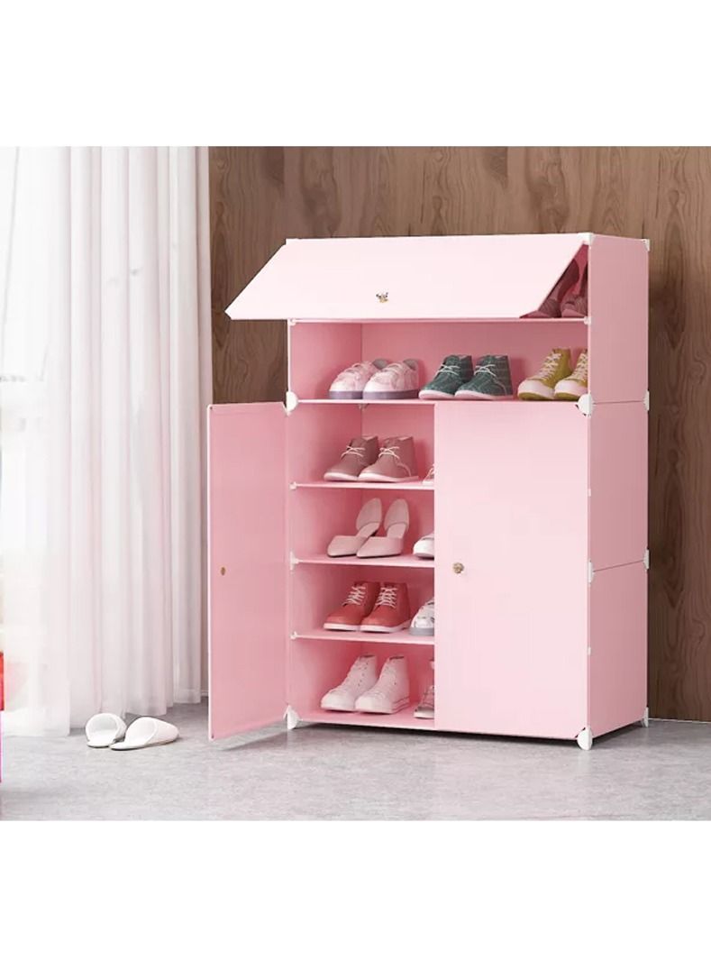 Plastic Modular Shoe Cabinet Cube Shoe Storage Organizer Portable Adjustable Shoe Rack Shelf Space Saving Doors Closet Entryway Pink - Image 2