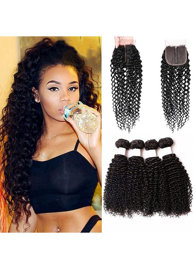 Risbaer - Mongolian Kinkys Curly Hair With Middle Part Closure Human Hair 4Bundles(50G/Bundle) With T Lace Closure Mongolian Curly Weave Bundles With Closure(12/12/14/14+12" Closure) - Image 1