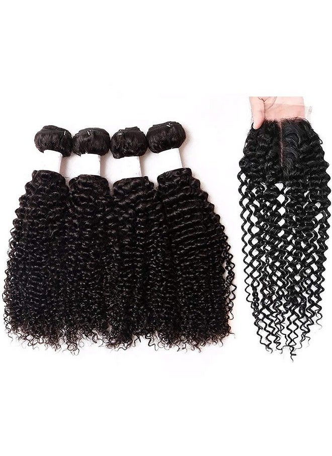 Risbaer - Mongolian Kinkys Curly Hair With Middle Part Closure Human Hair 4Bundles(50G/Bundle) With T Lace Closure Mongolian Curly Weave Bundles With Closure(12/12/14/14+12" Closure) - Image 1