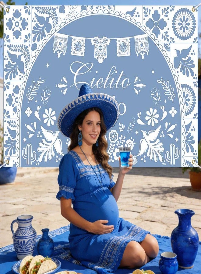 Mocsicka Cielito Lindo Backdrop Dusty Blue Mexican Cielito Lindo Baby Shower Decorations Banner Talavera Wedding Baby Shower Decorations Photo Booth Props 70.8 x 43.3 inch (blue) - Image 3