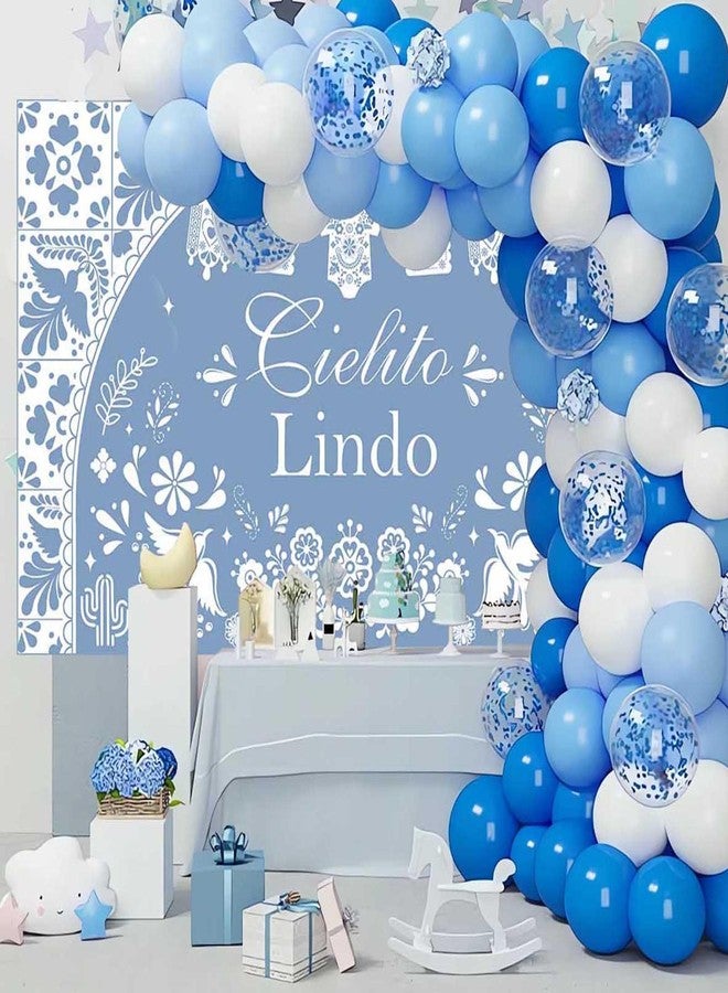 Mocsicka Cielito Lindo Backdrop Dusty Blue Mexican Cielito Lindo Baby Shower Decorations Banner Talavera Wedding Baby Shower Decorations Photo Booth Props 70.8 x 43.3 inch (blue) - Image 2