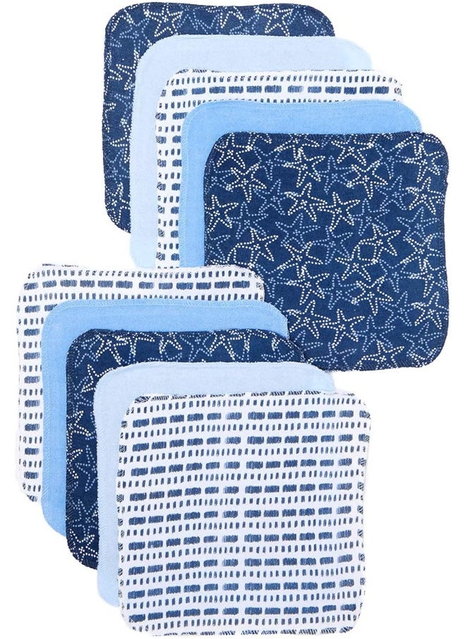 Spasilk Spasilk Washcloth Wipes Set for Newborn Boys and Girls, Soft Terry Washcloth Set, Pack of 10, Blue Starfish  - Image 1
