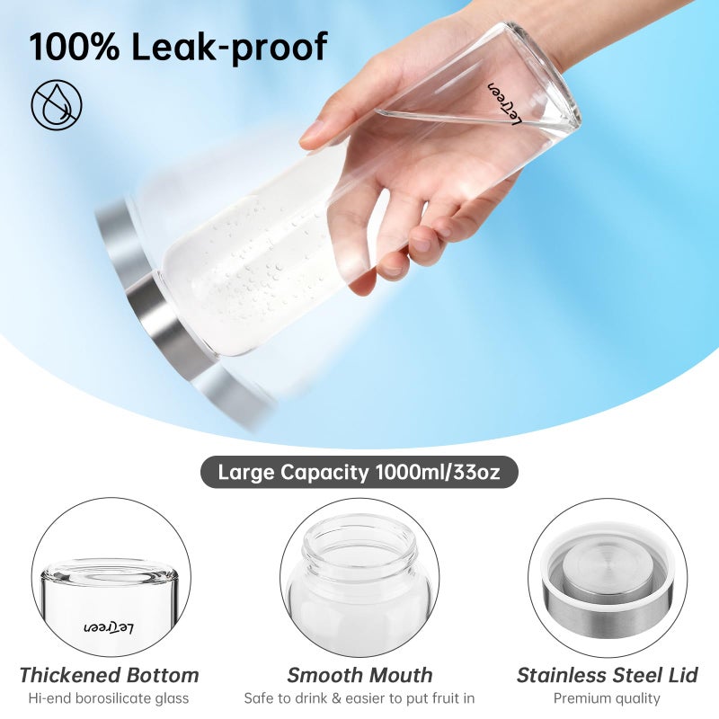 LETREEN Glass Water Bottle 32 oz, Borosilicate Wide Mouth Glass Water Bottle with Neoprene Sleeve, BPA-Free Leak Proof Reusable for Hot Cold Drinks, Work, Gym, Home - Image 2
