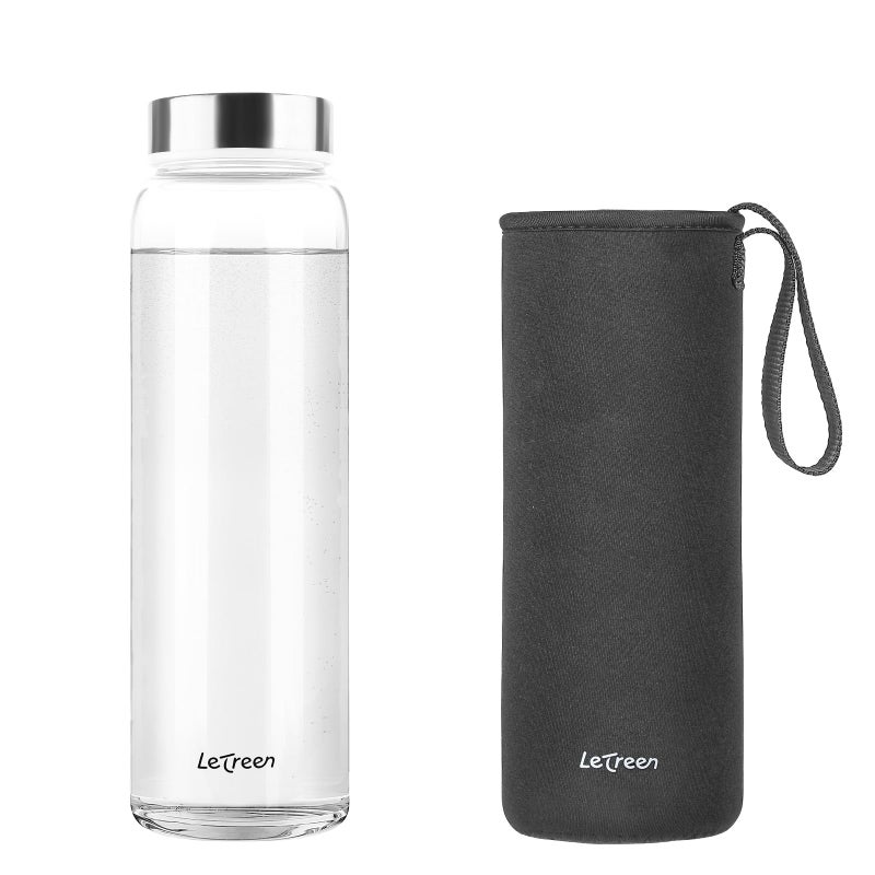 LETREEN Glass Water Bottle 32 oz, Borosilicate Wide Mouth Glass Water Bottle with Neoprene Sleeve, BPA-Free Leak Proof Reusable for Hot Cold Drinks, Work, Gym, Home - Image 1