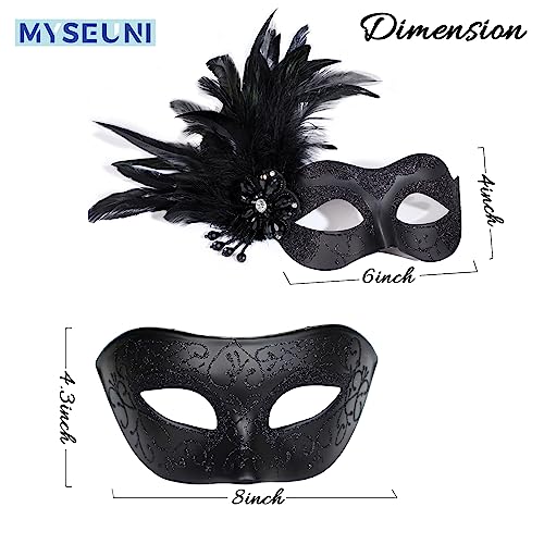 MYSEUNI Black Couples Masquerade Mask Set - Women's Masquerade Masks with Feathers & Venetian Mask for Men, Mardi Gras, Halloween, Cosplay, Prom, Christmas - Image 2
