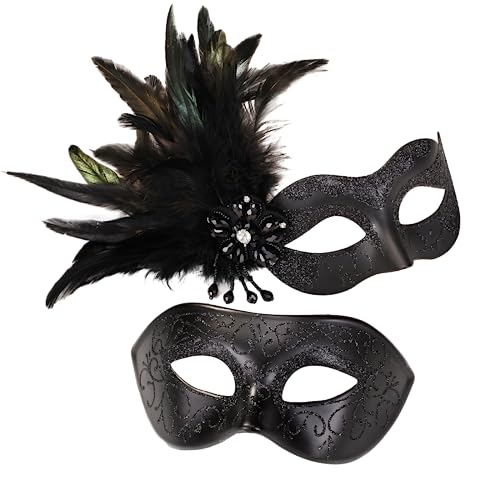 MYSEUNI Black Couples Masquerade Mask Set - Women's Masquerade Masks with Feathers & Venetian Mask for Men, Mardi Gras, Halloween, Cosplay, Prom, Christmas - Image 1