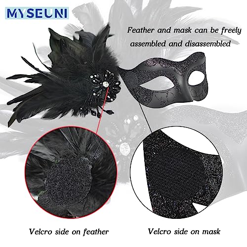 MYSEUNI Black Couples Masquerade Mask Set - Women's Masquerade Masks with Feathers & Venetian Mask for Men, Mardi Gras, Halloween, Cosplay, Prom, Christmas - Image 3