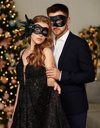 MYSEUNI Black Couples Masquerade Mask Set - Women's Masquerade Masks with Feathers & Venetian Mask for Men, Mardi Gras, Halloween, Cosplay, Prom, Christmas - Image 5