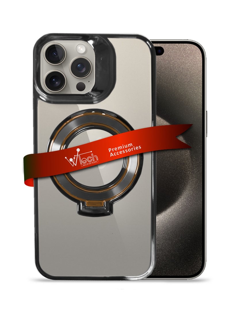 Wtech TPU Magsafe With Large Finger Hand Ring Grip Raised Bavel Camera Hole Luxury Plating Case Cover For Apple iPhone 15 Pro Max 2023 Black - Image 1