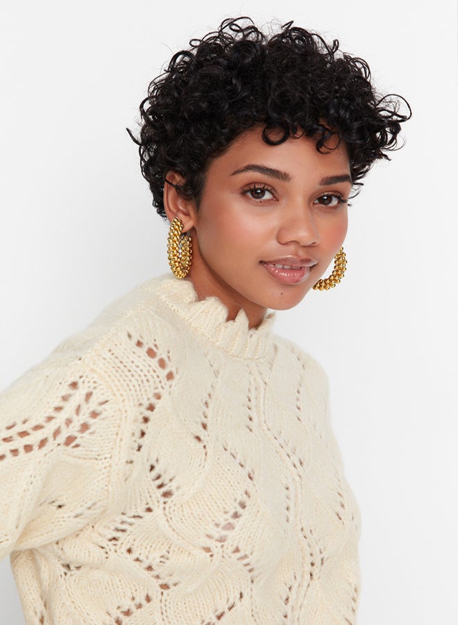 trendyol Soft Knitwear Sweater  Ecru, Openwork/Hole, - Image 3