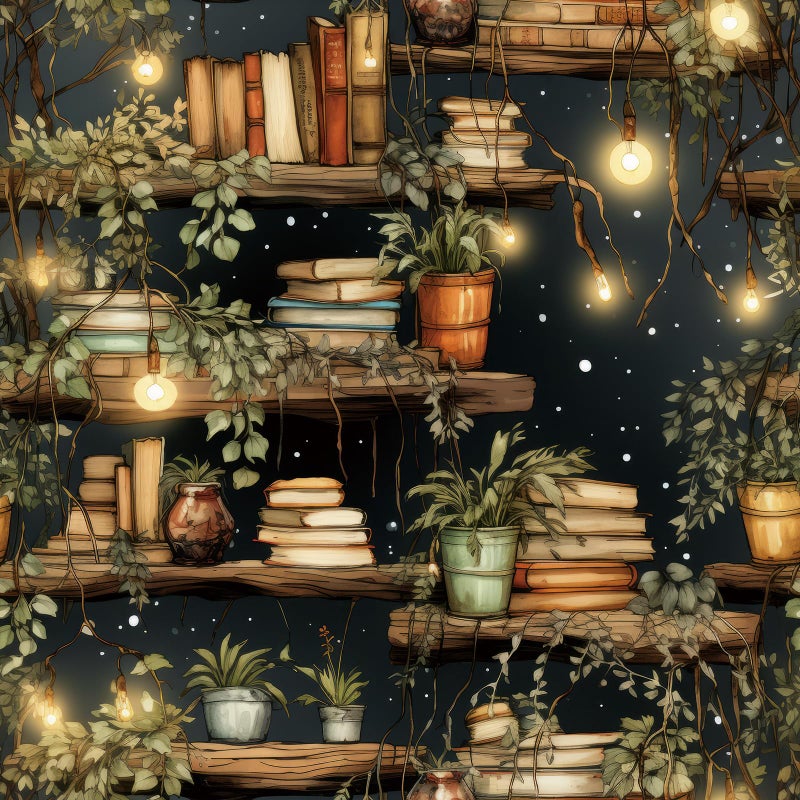 ReWallpaper Vintage Bookshelf Wallpaper Peel and Stick Dark Academia Book Wall Decor with Plants and Lights Self Adhesive Waterproof Contact Paper for Bedroom Cabinets Reading Nook Cafes 17.5in x 10ft - Image 1