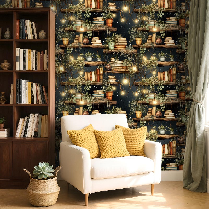 ReWallpaper Vintage Bookshelf Wallpaper Peel and Stick Dark Academia Book Wall Decor with Plants and Lights Self Adhesive Waterproof Contact Paper for Bedroom Cabinets Reading Nook Cafes 17.5in x 10ft - Image 2