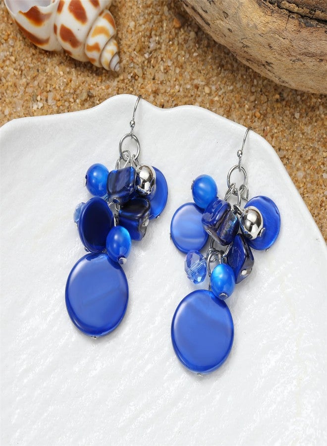 Perla Cluster Dangle Earrings for Women, Lightweight Shell Glass Beaded Drop Earrings, Boho Jewelry Gift (Blue) - Image 2