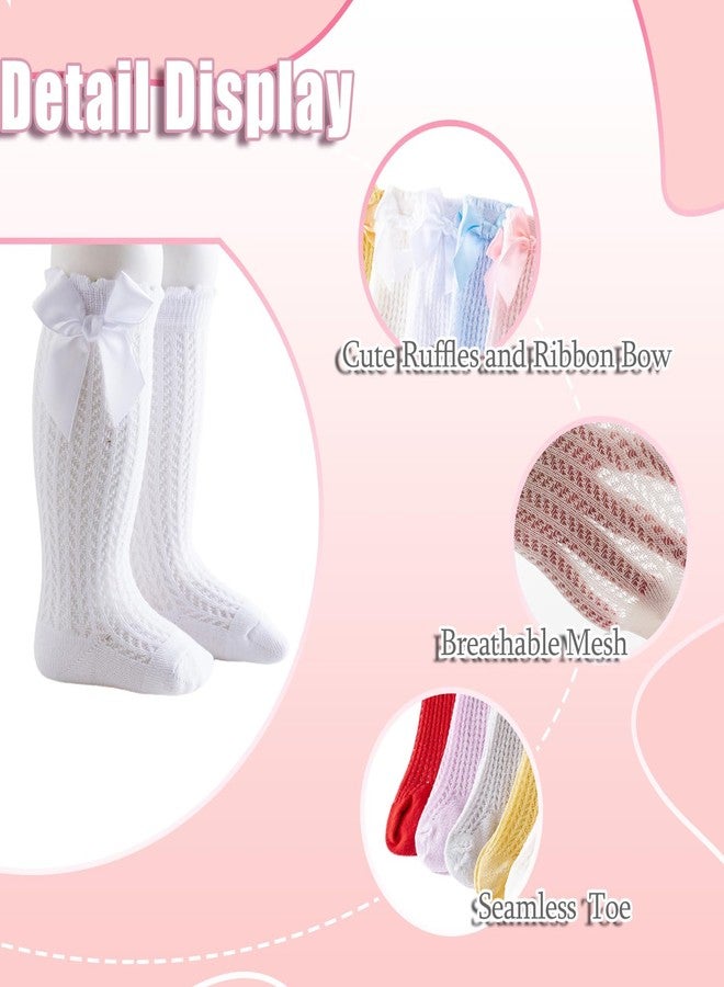 جوارب أطفال من GUXIMIAR تصل إلى الركبة، جوارب مزينة بكشكشة وفيونكة، جوارب طويلة للأطفال الرضع والصغار، جوارب بيضاء للبنات، مقاس 0-12 شهرًا - Image 3