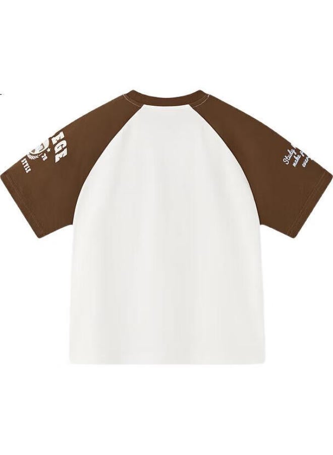 Mqd (Mqd) Boys' Summer New Academy Style Patchwork Shoulder Letter Contrast Short Sleeve Skin-Friendly Lightweight T-Shirt - Image 2