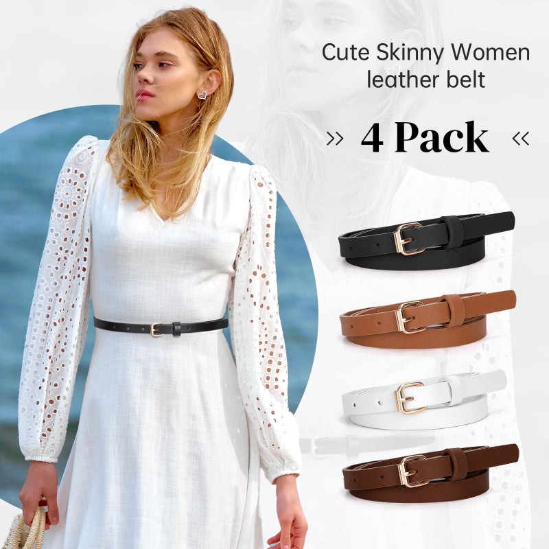 JASGOOD 4 Pack Skinny Women Leather Belt for Dresses Thin Waist Belt for Jeans Pants with Gold Buckle - Image 2
