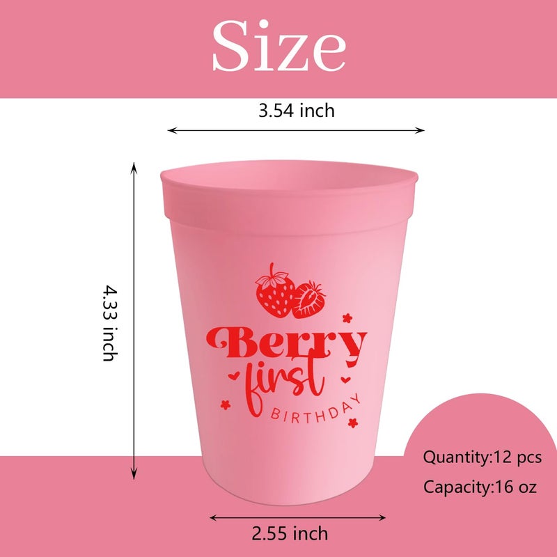 Usumz Berry Sweet 1st Baby Plastic Cups 16oz Pink Strawberry Birthday Reusable Cups Strawberry Baby Shower Birthday Drinkware Berry Theme First Birthday Party Supplies 12Pcs - Image 3