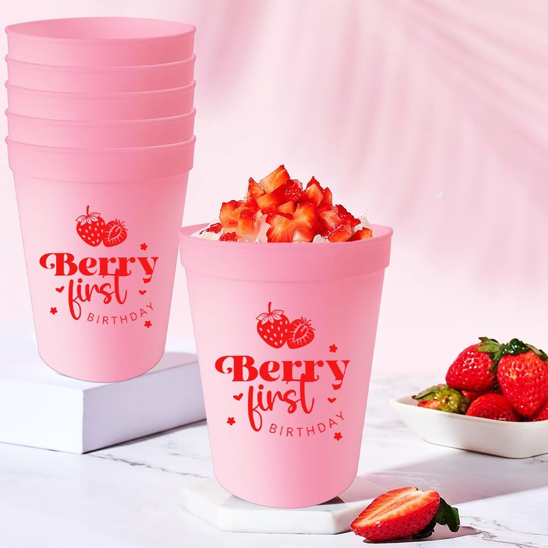 Usumz Berry Sweet 1st Baby Plastic Cups 16oz Pink Strawberry Birthday Reusable Cups Strawberry Baby Shower Birthday Drinkware Berry Theme First Birthday Party Supplies 12Pcs - Image 4
