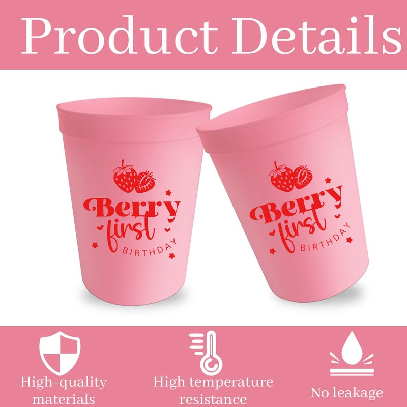 Usumz Berry Sweet 1st Baby Plastic Cups 16oz Pink Strawberry Birthday Reusable Cups Strawberry Baby Shower Birthday Drinkware Berry Theme First Birthday Party Supplies 12Pcs - Image 2
