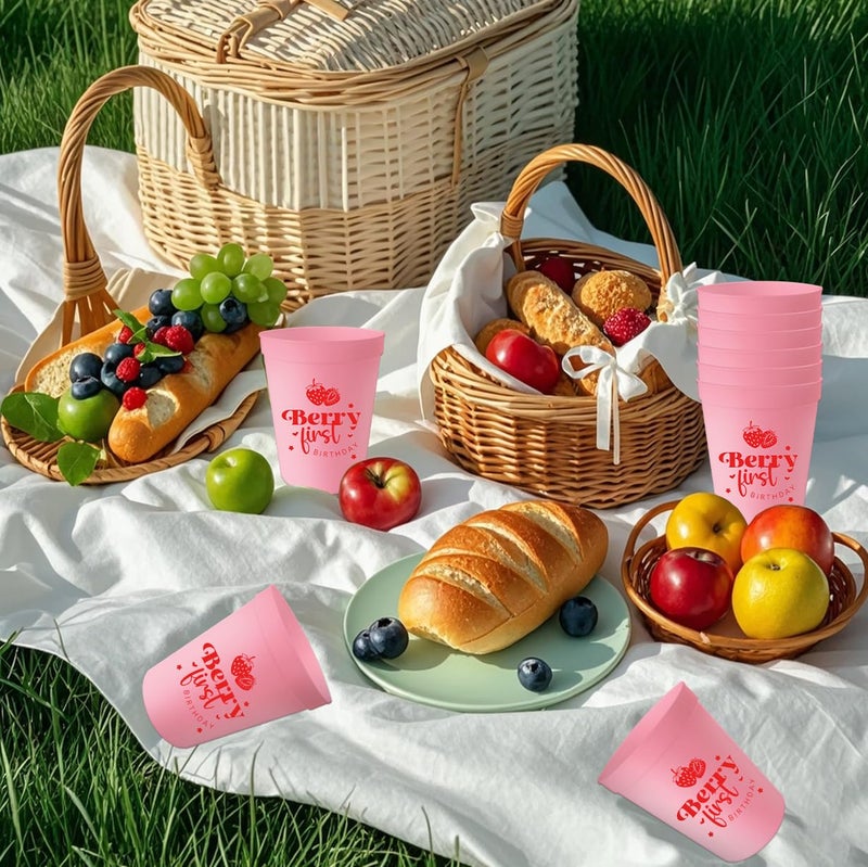 Usumz Berry Sweet 1st Baby Plastic Cups 16oz Pink Strawberry Birthday Reusable Cups Strawberry Baby Shower Birthday Drinkware Berry Theme First Birthday Party Supplies 12Pcs - Image 5