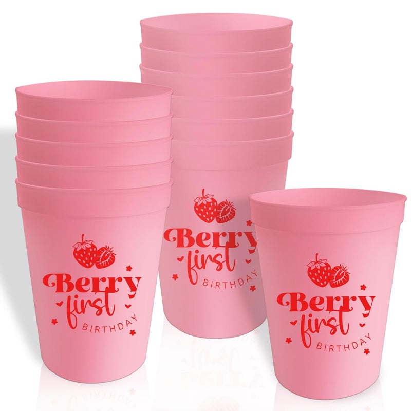 Usumz Berry Sweet 1st Baby Plastic Cups 16oz Pink Strawberry Birthday Reusable Cups Strawberry Baby Shower Birthday Drinkware Berry Theme First Birthday Party Supplies 12Pcs - Image 1