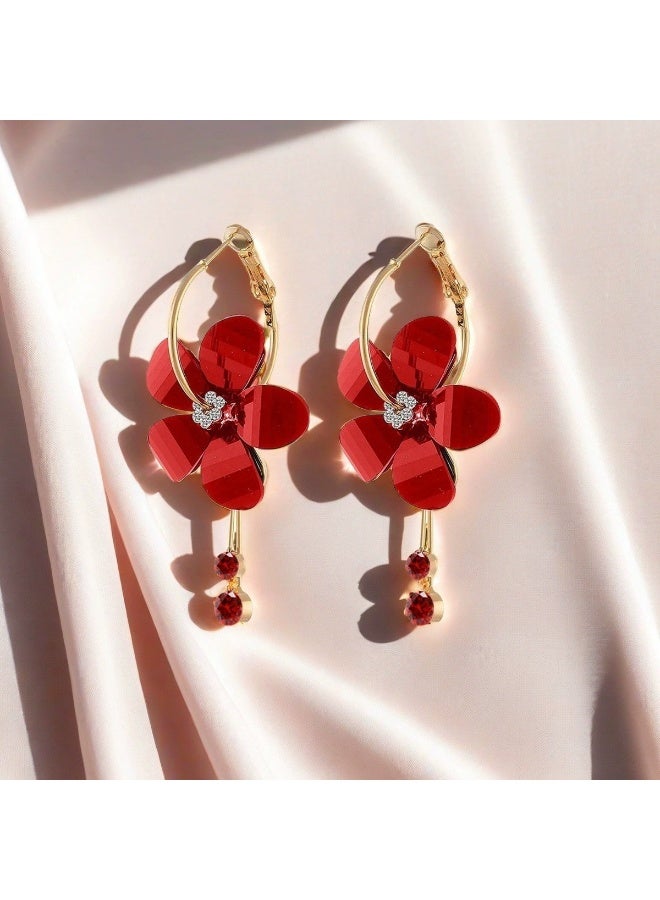 Goolsky أقراط زهور حمراء للنساء - مجوهرات بيانية جريئة | أقراط دائرية رومانسية بوهيمية شديدة الجاذبية - Image 3