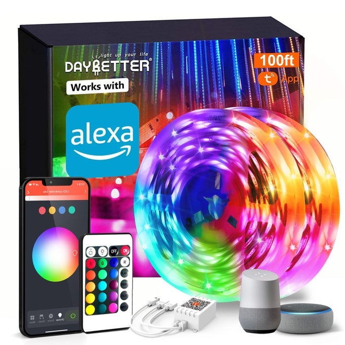 SMART WIFI LED LIGHTS 100FT TUYA APP CONTROLLED LED STRIP LIGHTS WORK WITH ALEXA AND GOOGLE ASSISTANT TIMER SCHEDULE COLOR CHANGING LED LIGHTS FOR BEDROOM PARTY KITCHEN