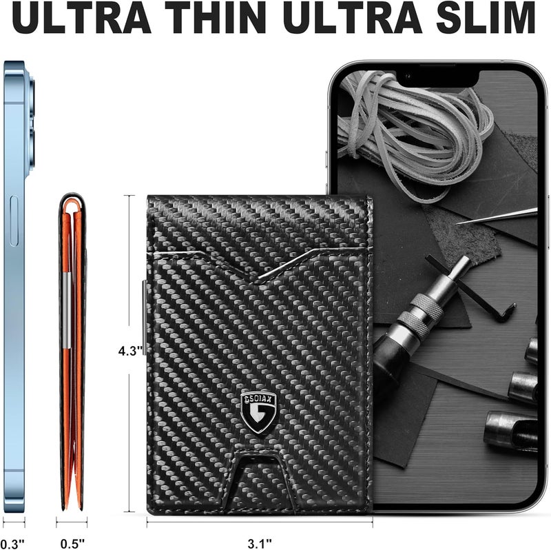 GSOIAX Slim Wallet for Men Rfid Blocking Leather Bifold Front Pocket Carbon Fiber Men's Money Clips Credit Card Holder With Gift Box, Carbon and Orange -money clip, Slim - Image 5