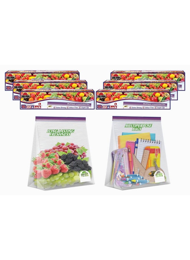 shalimar - Shalimar Zip 'N' Slider Bag Press Fit Size Large (30.5 cm X 35 cm) Zip Lock/Vegetable/Fridge/MultiPurpose Storage Bag Pack of - 6 (90 Bags) Reusable and Reclosable with Double Lock - Image 1