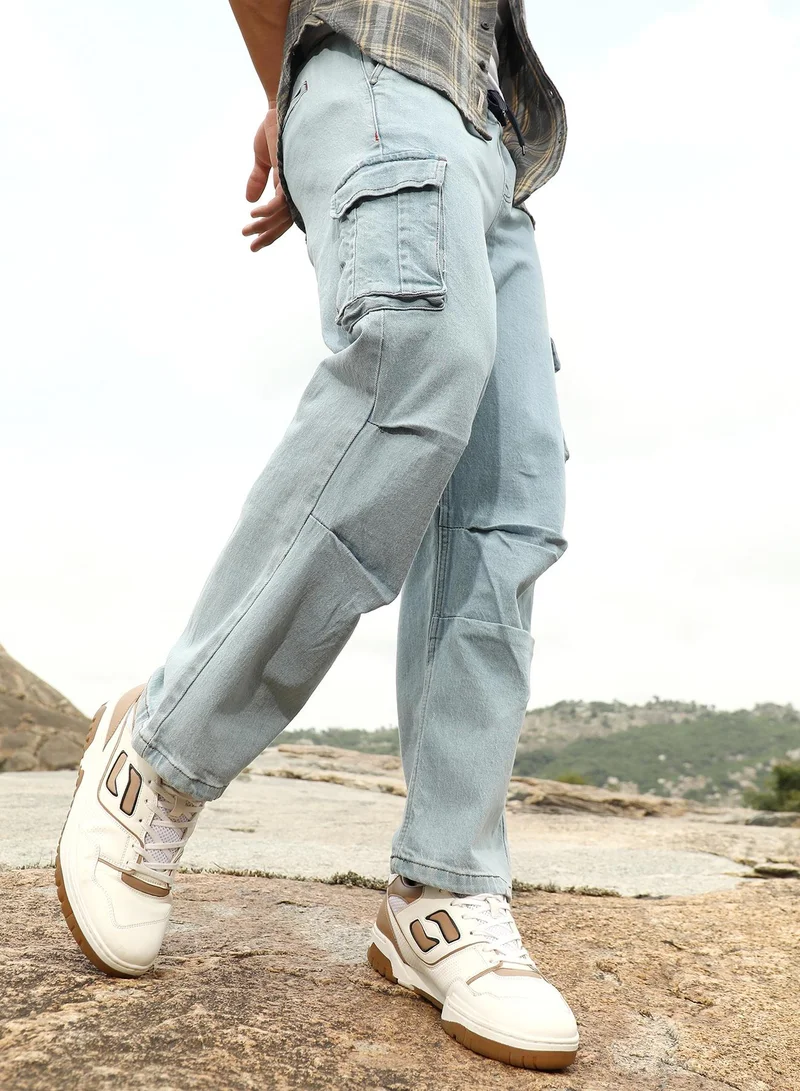 Campus Sutra Men's Light Blue Straight-Parachute Utility Denim Jeans | Mid-Rise , Straight Hem , Drawstring Closure | Solid Denim | Denim Jeans For Casual Wear