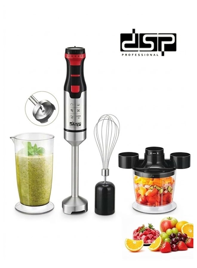 DSP 5-in-1 1000W Electric Hand Blender with 304 Stainless Steel Blade, Food Processor, Beaker, Egg Whisk, BPA-Free - Silver/Black (KM1157) - Image 1