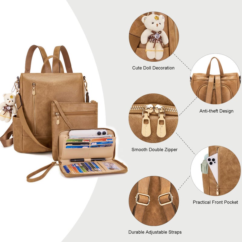 Soperwillton Women Fashion Backpack Purse Anti-Theft Leather Shoulder Bag Travel Multi Pockets Handbag Wallet Set 3pcs - Image 4