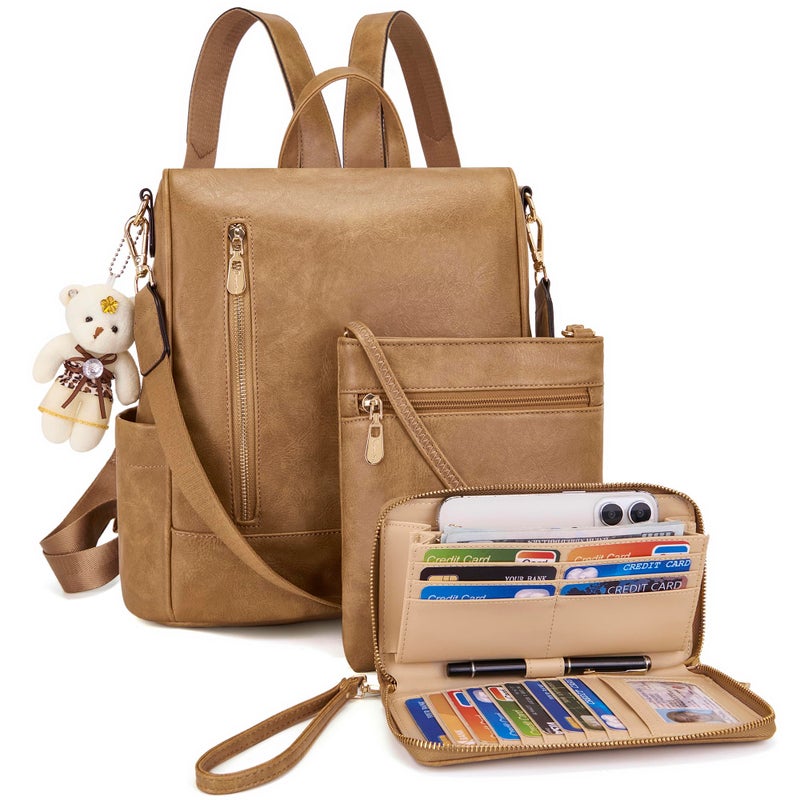 Soperwillton Women Fashion Backpack Purse Anti-Theft Leather Shoulder Bag Travel Multi Pockets Handbag Wallet Set 3pcs - Image 1