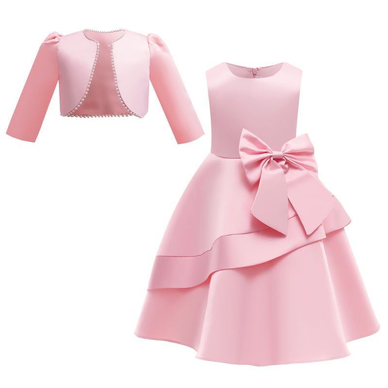 Loquat Girls Mid-Length Satin Vest Dress + Pearl Long-Sleeved Jacket Two-Piece Skirt Suit - Image 2