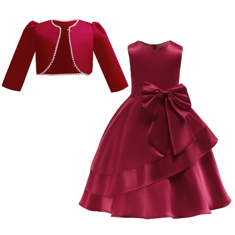 Loquat Girls Mid-Length Satin Vest Dress + Pearl Long-Sleeved Jacket Two-Piece Skirt Suit - Image 1