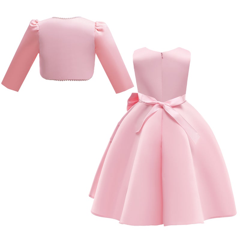 Loquat Girls Mid-Length Satin Vest Dress + Pearl Long-Sleeved Jacket Two-Piece Skirt Suit - Image 3