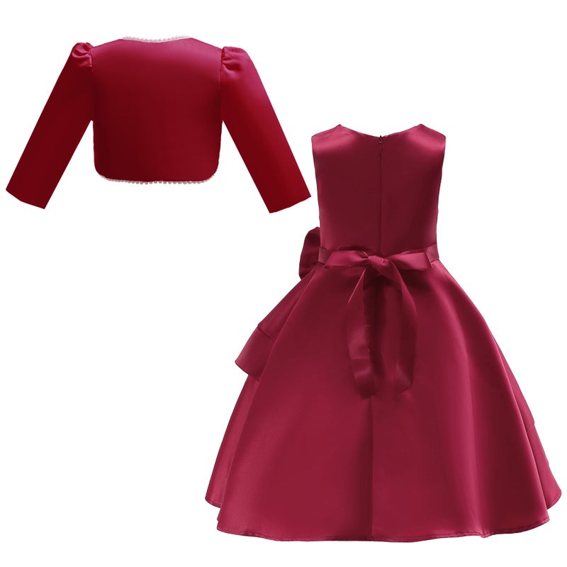 Loquat Girls Mid-Length Satin Vest Dress + Pearl Long-Sleeved Jacket Two-Piece Skirt Suit - Image 5
