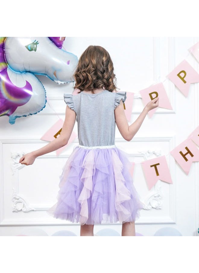 Sunny Fashion - Girls Dress Gray Unicorn Embroidered Purple Pleated Tulle Birthday Party Size 4 - Image 1
