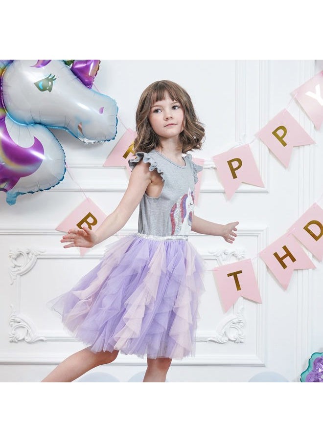 Sunny Fashion - Girls Dress Gray Unicorn Embroidered Purple Pleated Tulle Birthday Party Size 4 - Image 1