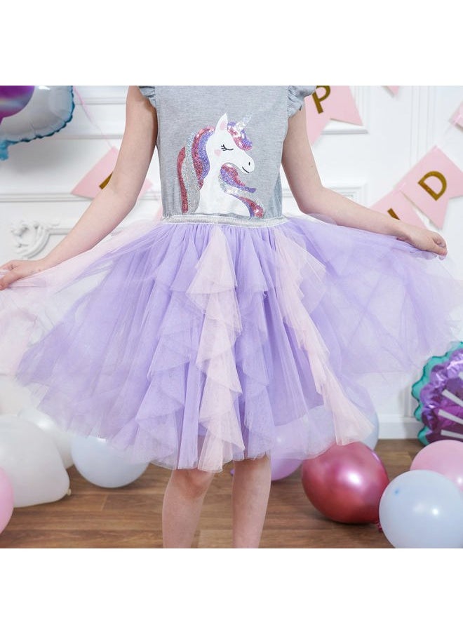 Sunny Fashion - Girls Dress Gray Unicorn Embroidered Purple Pleated Tulle Birthday Party Size 4 - Image 1