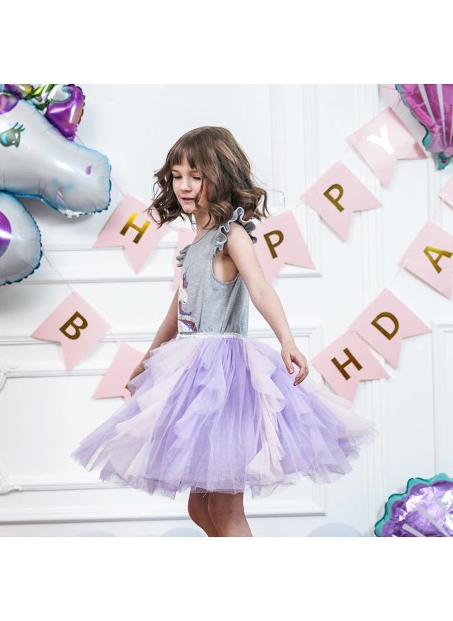 Sunny Fashion - Girls Dress Gray Unicorn Embroidered Purple Pleated Tulle Birthday Party Size 4 - Image 1