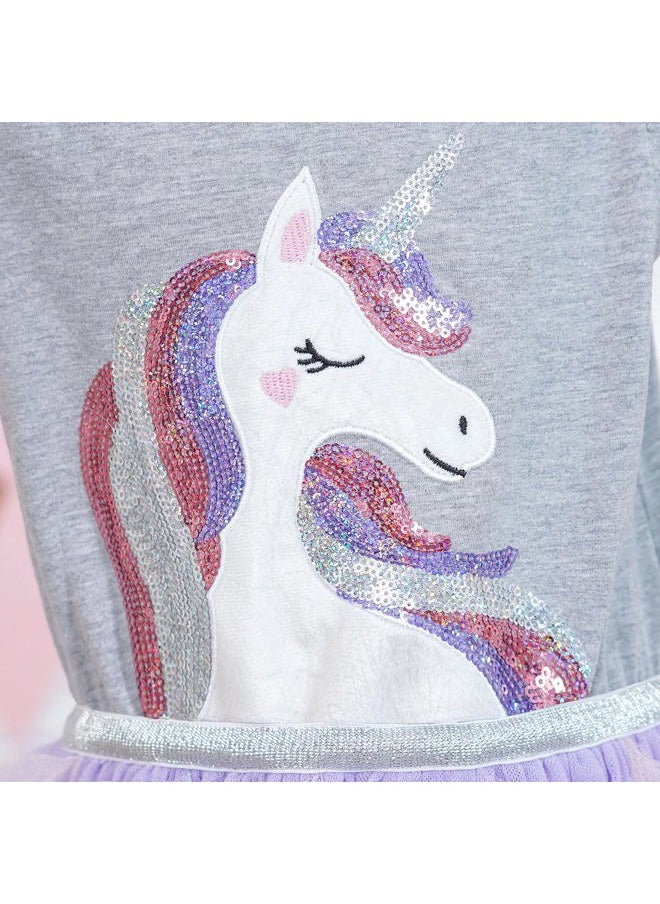 Sunny Fashion - Girls Dress Gray Unicorn Embroidered Purple Pleated Tulle Birthday Party Size 4 - Image 1