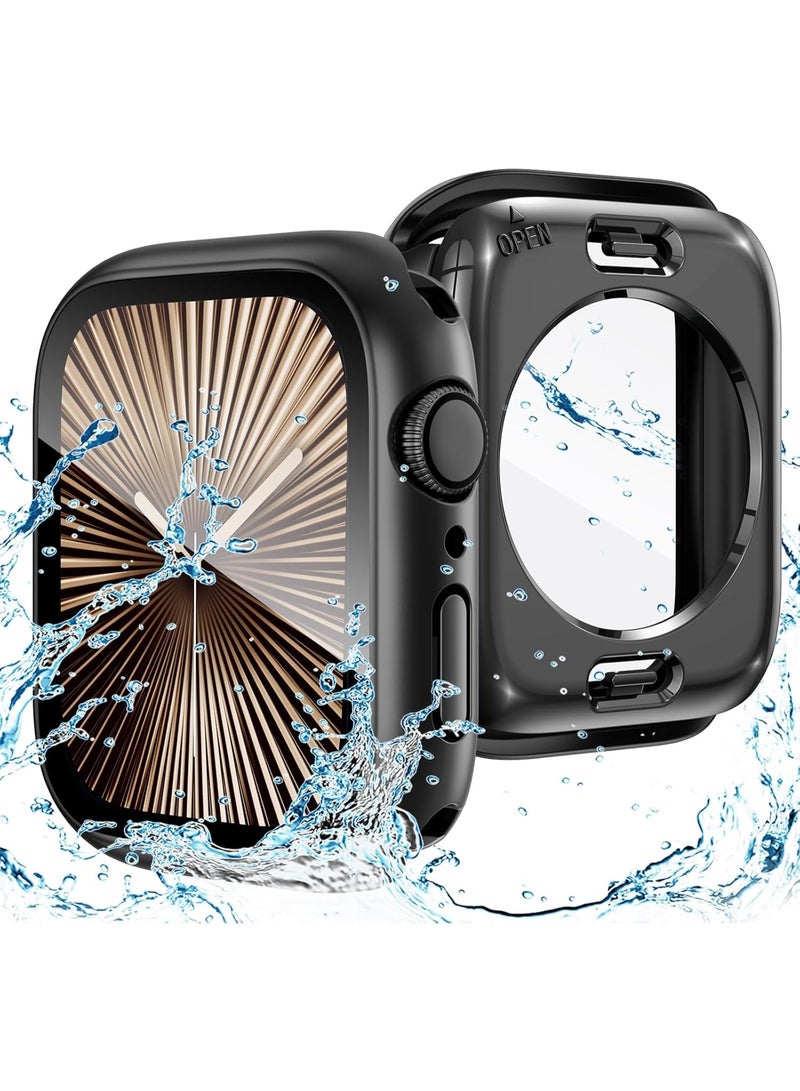 أوليسون 2 في 1 حالة مقاومة للماء متوافقة مع سلسلة Apple Watch 11/10 حامي الشاشة 46 مم ، غطاء الوجه الزجاجي الوقائي 360 درجة مضاد الكمبيوتر الشخصي الصلب + الإطار الخلفي لملحقات iWatch ، 46 مم أسود - Image 1